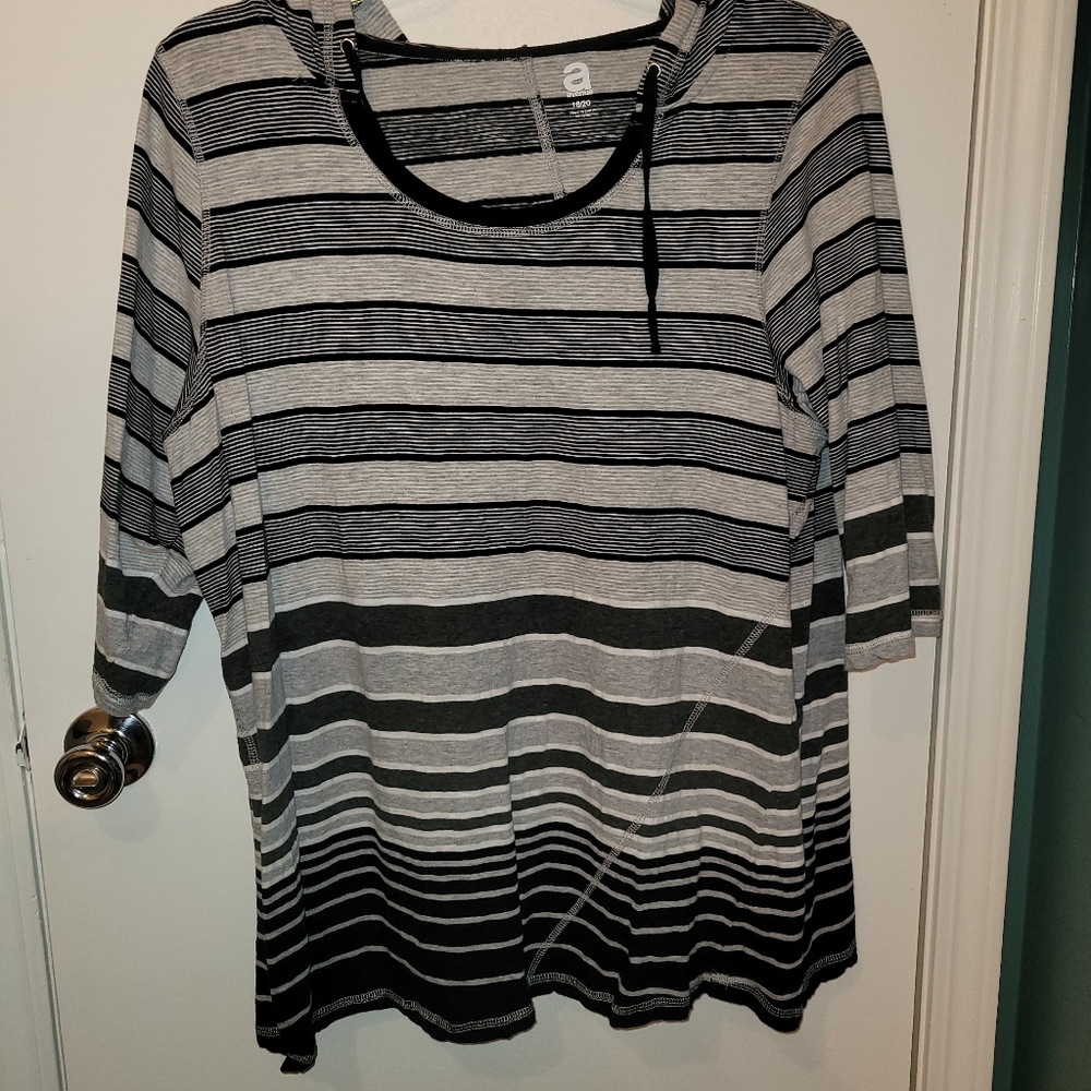 Avenue Black & Gray Stripped Hooded Shirt